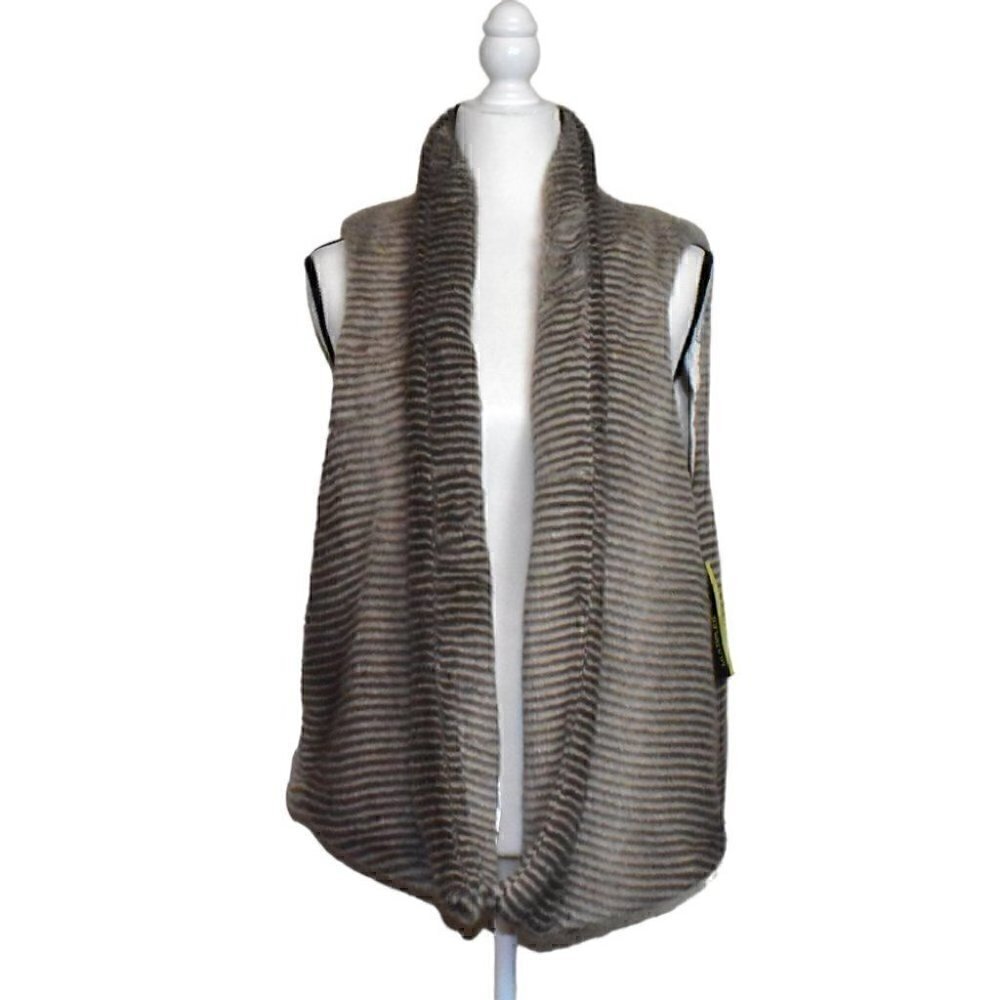 Multiples Faux Fur Striped Drapey Open Front Vest Brown Taupe Gray Cream…